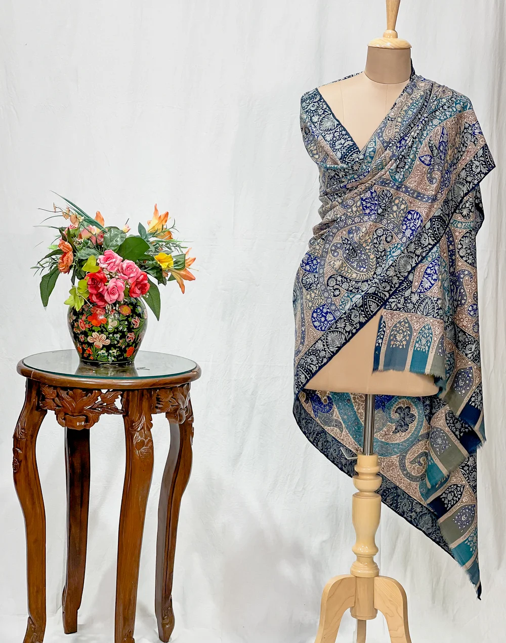 Beige Pure Pashmina Shawl with Multi-Colour Kalamkari Hand Embroidery