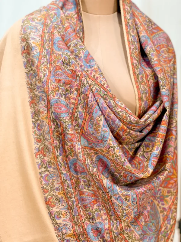 Beige Pure Pashmina Shawl with Kalamkari Hand Embroidery Front