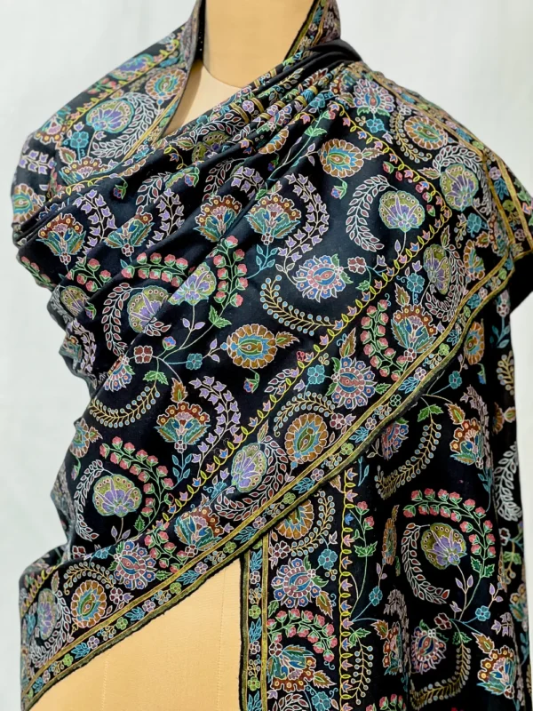 Black Pure Pashmina Shawl with Kalamkari Hand Embroidery Front