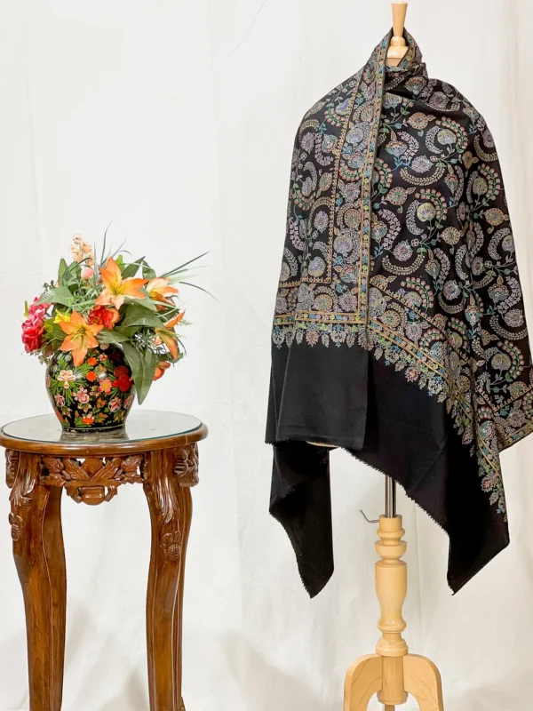Black Pure Pashmina Shawl with Kalamkari Hand Embroidery