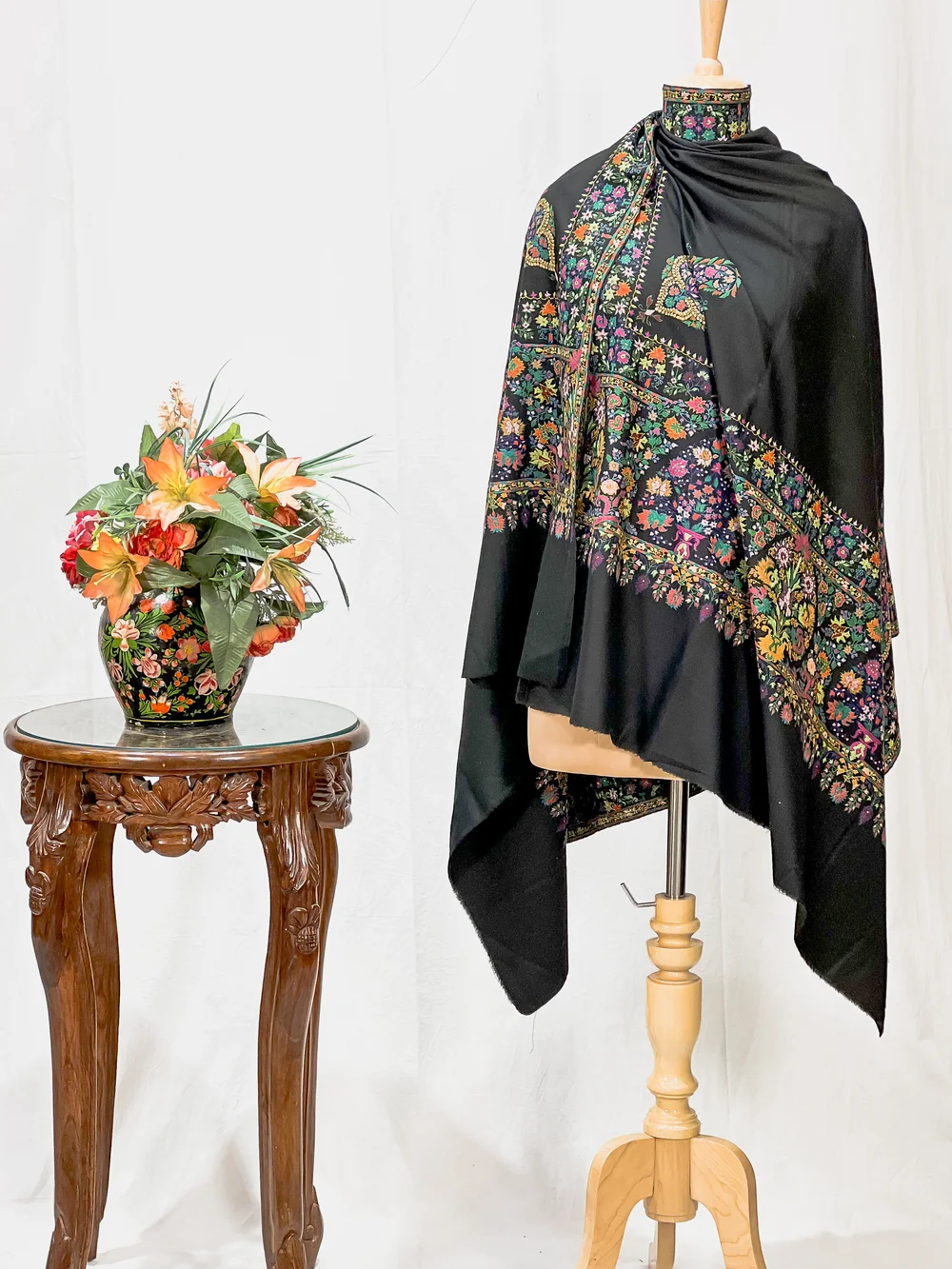Black Pure Pashmina Shawl With Papier Mache Hand Embroidery