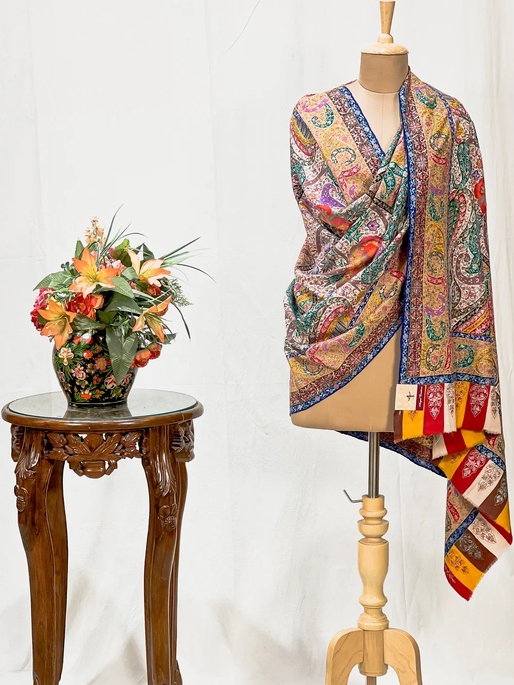 Multi-Colour Pure Pashmina Shawl with Kalamkari Hand Embroidery Hand Paint