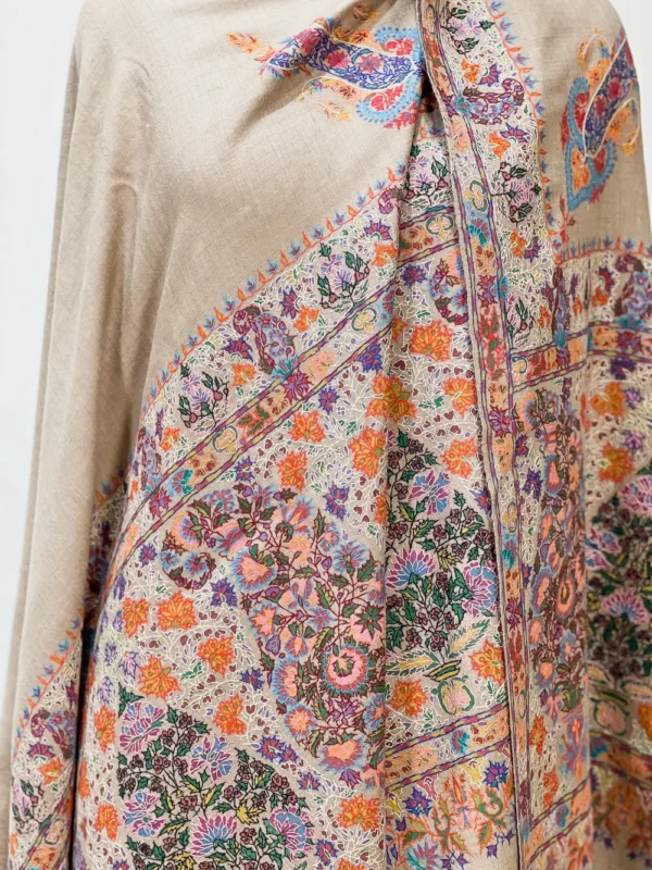 Natural Beige Pure Pashmina Shawl with Kalamkari Hand Embroidery Hand Paint front