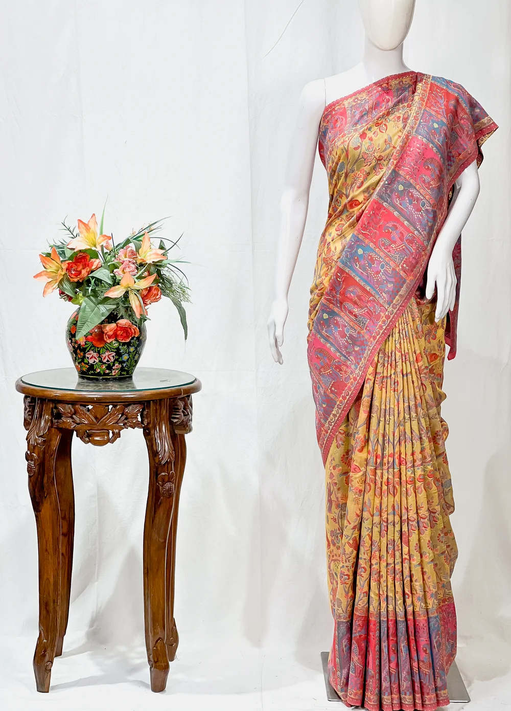 Yellow and Pink Modal Silk Kani Saree