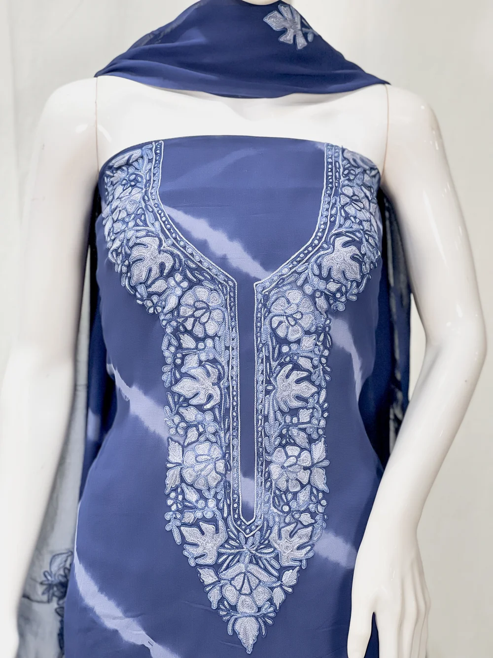 Blue Tie-n-Dye Kashmiri Aari Embroidered Salwar Suit front