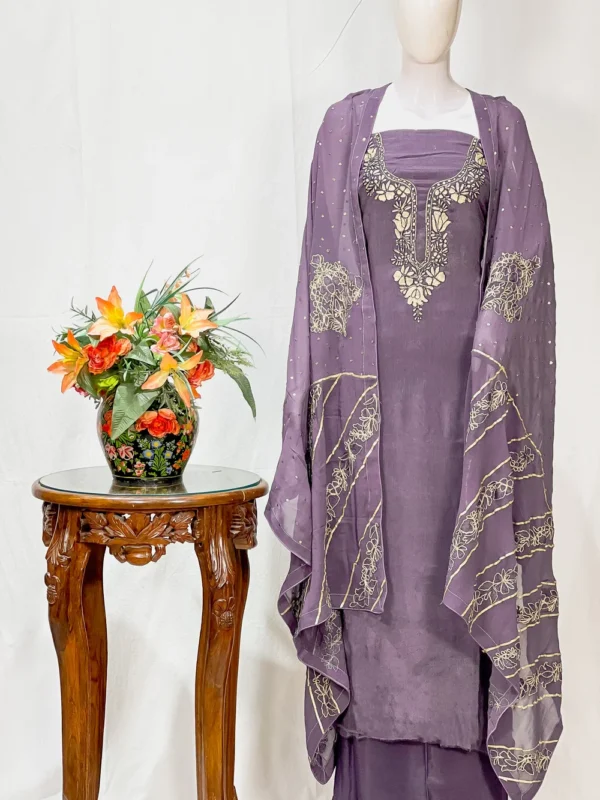 Mauvish Grey Salwar Suit with Tilla and Thread Kashmiri Embroidery
