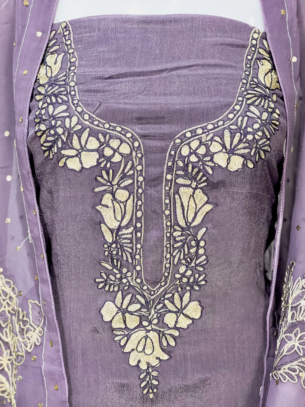 Mauvish Grey Salwar Suit with Tilla and Thread Kashmiri Embroidery front
