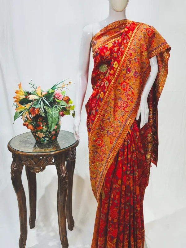 Red Modal Silk Kani Saree With Floral Pattern