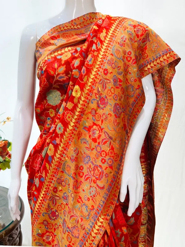 Red Modal Silk Kani Saree With Floral Pattern close up