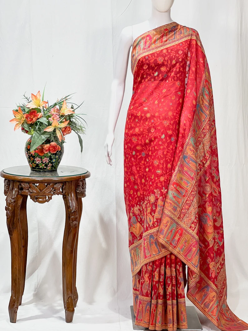 Red Tribal Modal Silk Kani Saree