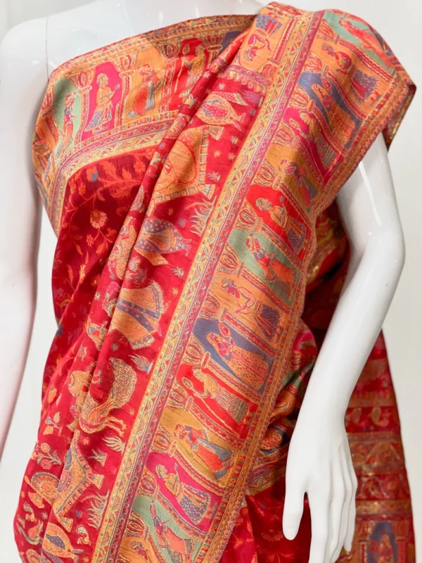 Red Tribal Modal Silk Kani Saree close up