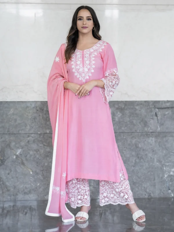 Kashmiri Aari Embroidered Palazzo Suit with Organza Border