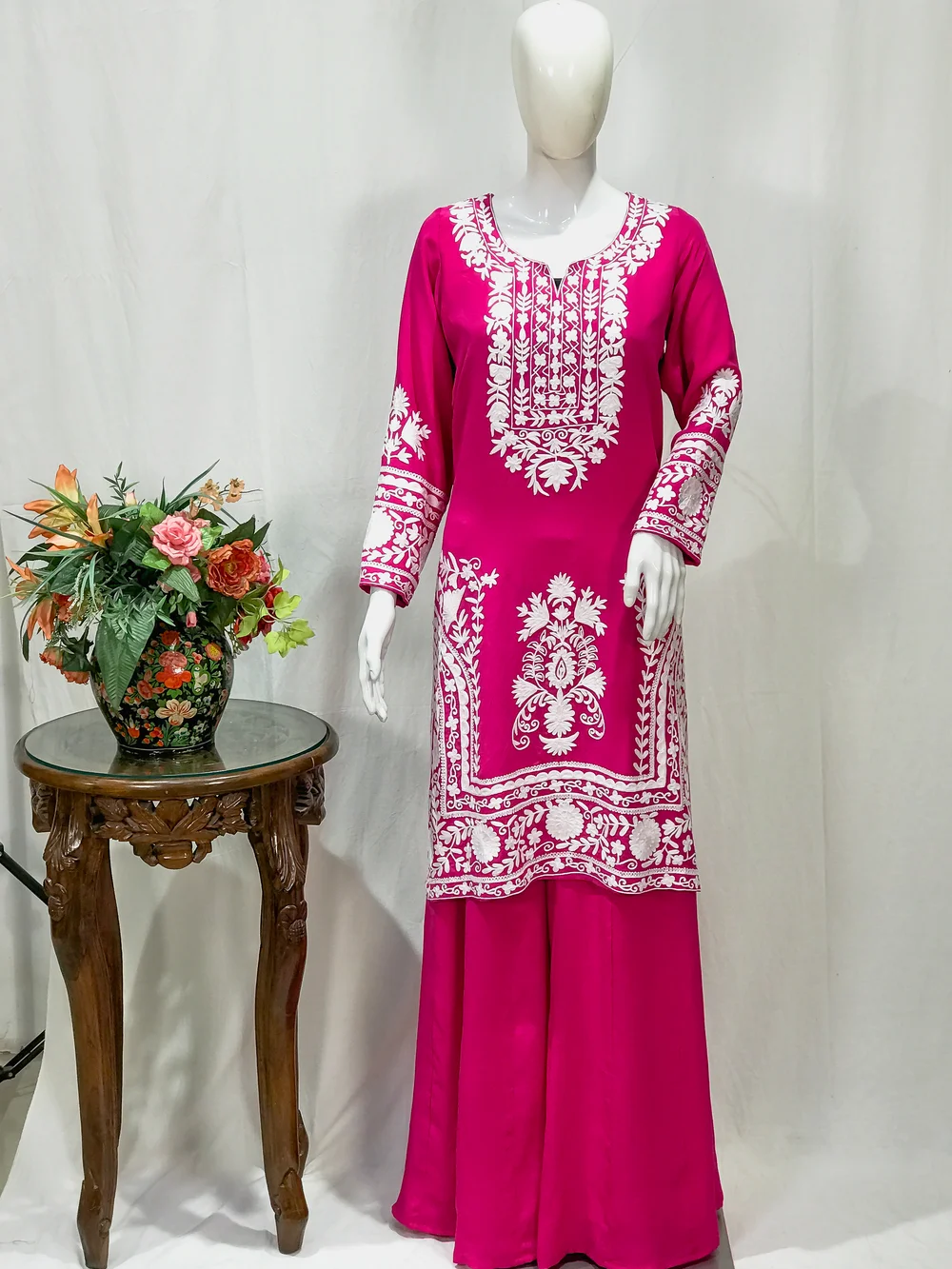 Pink Sharara Suit with Kashmiri Aari Embroidery front