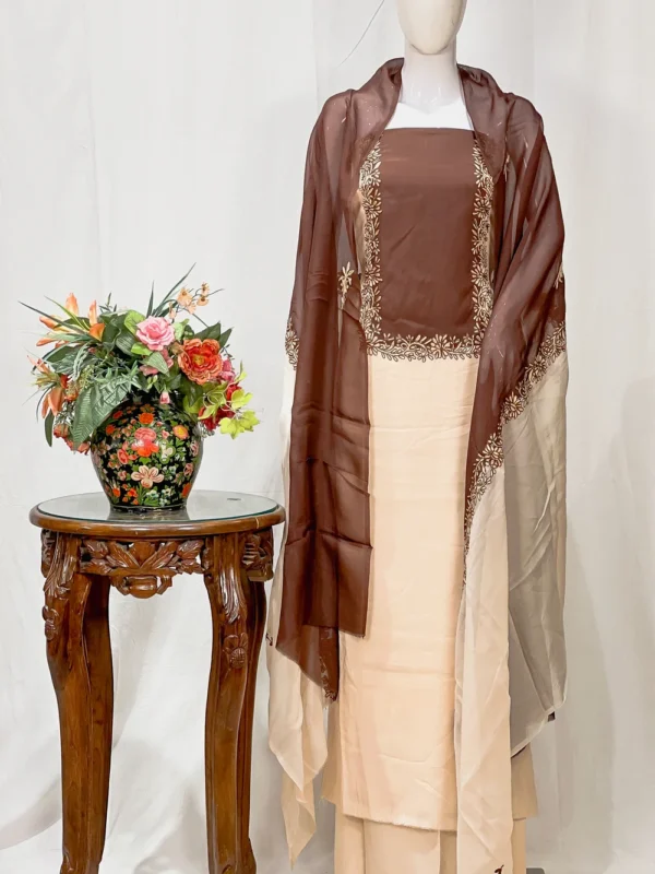 Beige and Brown Kashmiri Salwar Suit with Aari Embroidery