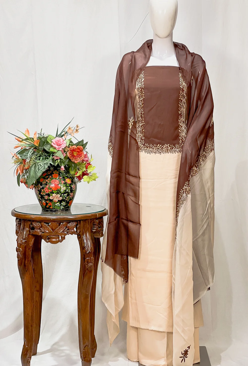Beige and Brown Kashmiri Salwar Suit with Aari Embroidery