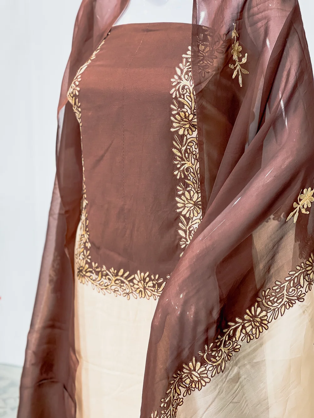 Beige and Brown Kashmiri Salwar Suit with Aari Embroidery front