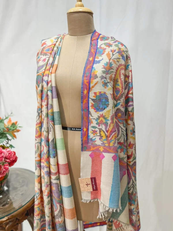 Off White Hand Woven Pure Pashmina Kani Shawl close up