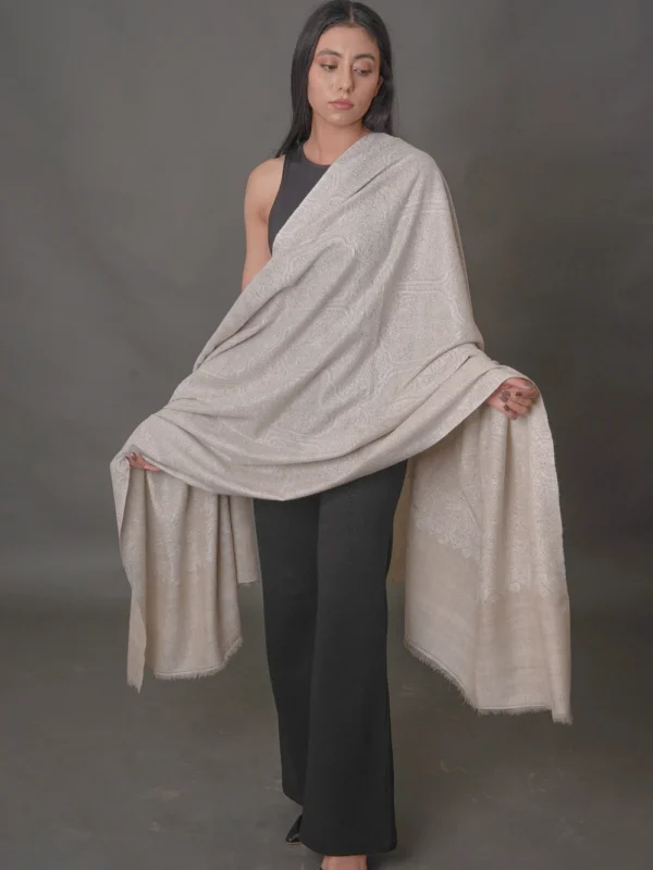 Beige Women Kashmiri Sozni Jaal Pure Pashmina Shawl