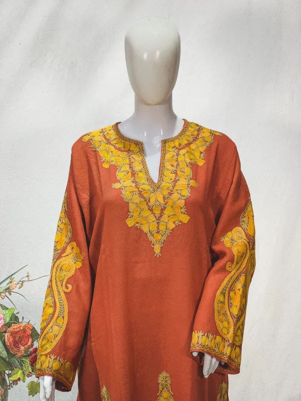 Rust Color Woollen Phiran with Aari Embroidery close up