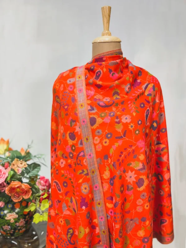 Orange Hand Woven Pure Pashmina Kani Shawl close up