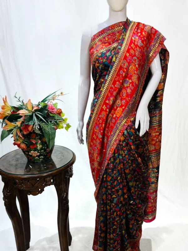 Grey Modal Silk Kani Saree With Floral Design