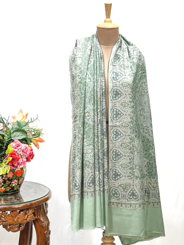 Pista Green Women Kashmiri Sozni Jaal Pure Pashmina Shawl With Hand Embroidery