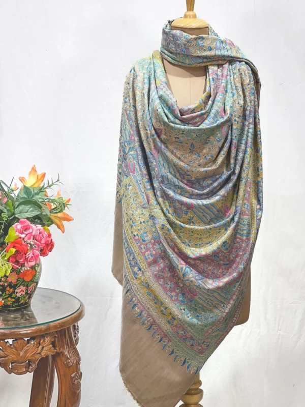 Beige Pure Pashmina Shawl With Multi-Colour Sozni Jamawar Hand Embroidery