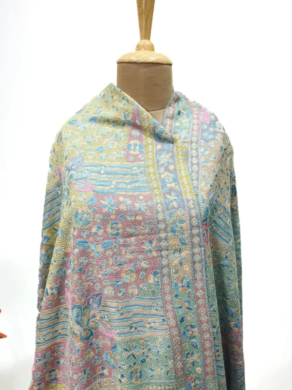 Beige Pure Pashmina Shawl With Multi-Colour Sozni Jamawar Hand Embroidery close up