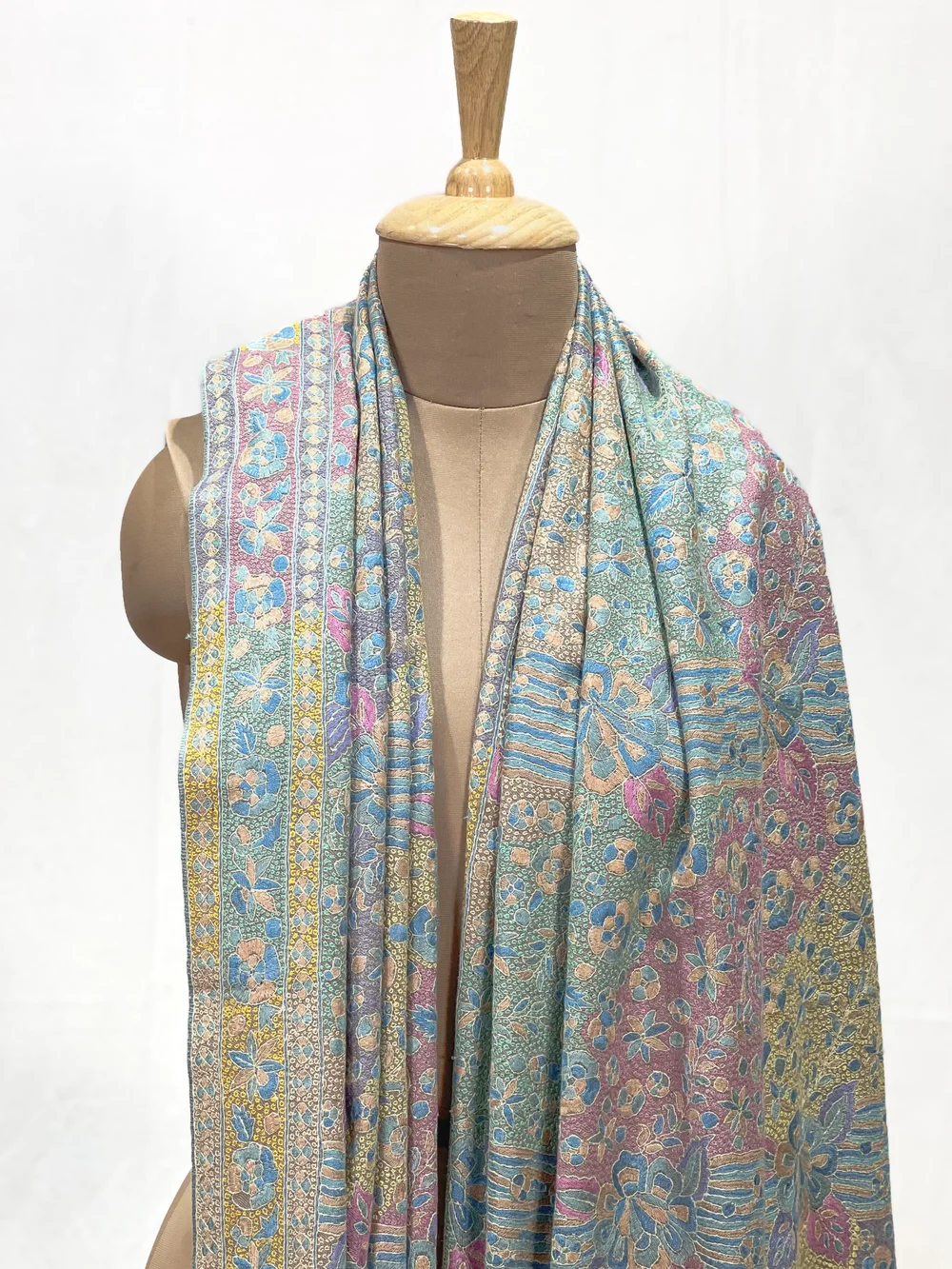 Beige Pure Pashmina Shawl With Multi-Colour Sozni Jamawar Hand Embroidery