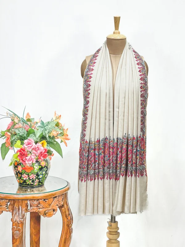 Natural White Pure Pashmina Shawl With Papier Mache Hand Embroidered close up