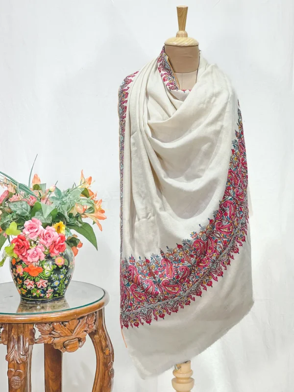Natural White Pure Pashmina Shawl With Papier Mache Hand Embroidered