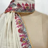 Natural White Pure Pashmina Shawl With Papier Mache Hand Embroidered close up