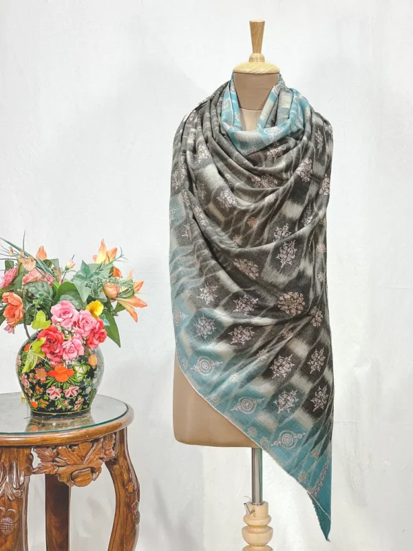 Pure Pashmina Grey Ikat Shawl With Floral Hand Embroidery