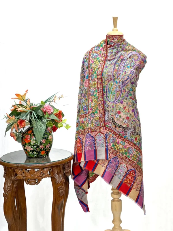 Multi-Colour Kalamkari Hand Embroidery Pure Pashmina Shawl With Hand Paint