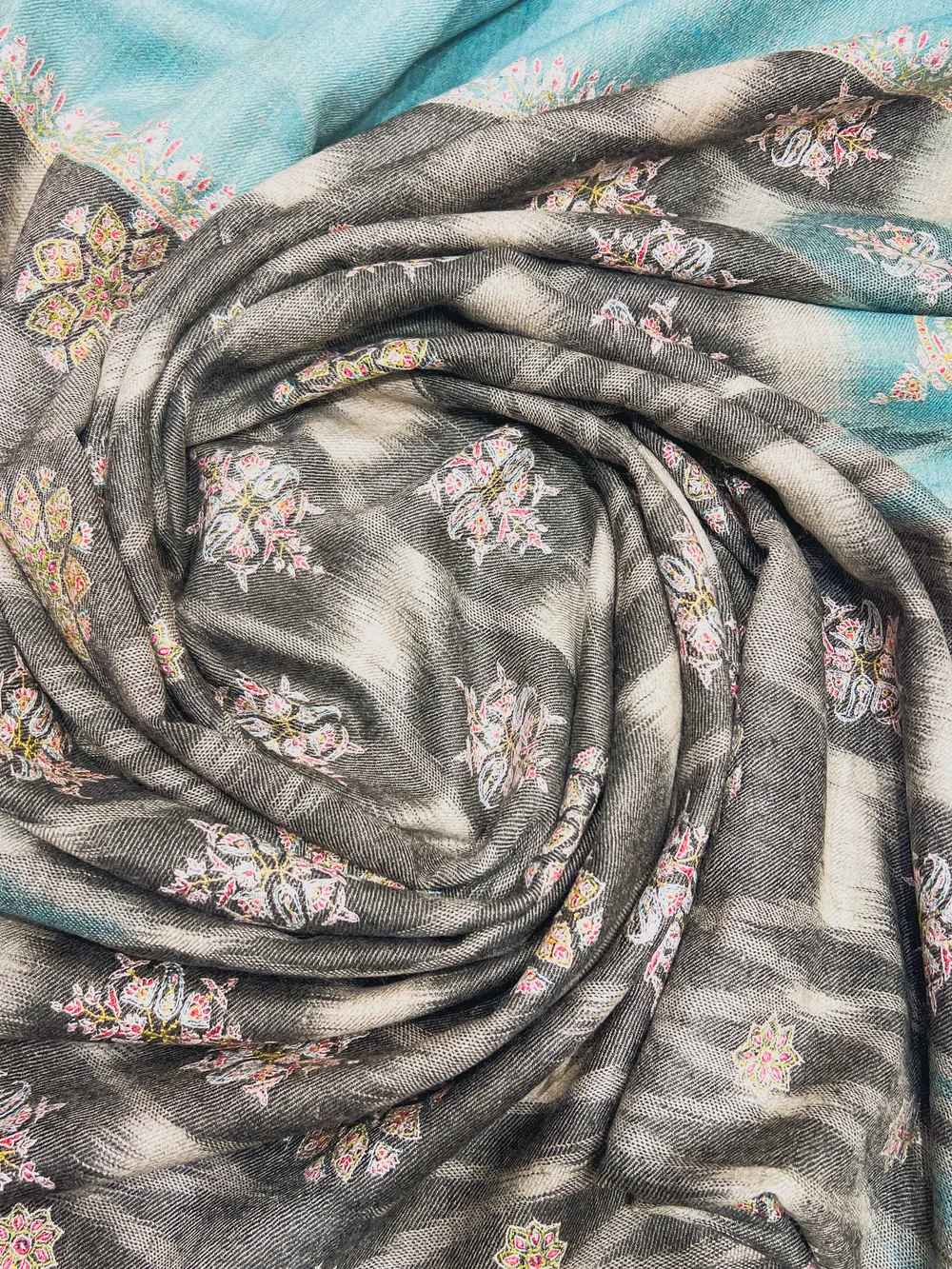 Pure Pashmina Grey Ikat Shawl With Floral Hand Embroidery
