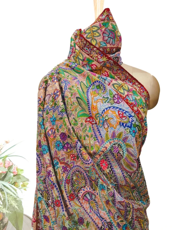 Multi-Colour Kalamkari Hand Embroidery Pure Pashmina Shawl With Hand Paint close up
