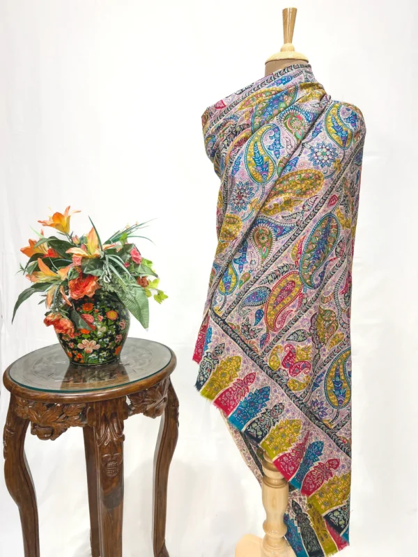 Pure Pashmina Multi Colour Shawl With Artistic Kalamkari And Hand Embroidery