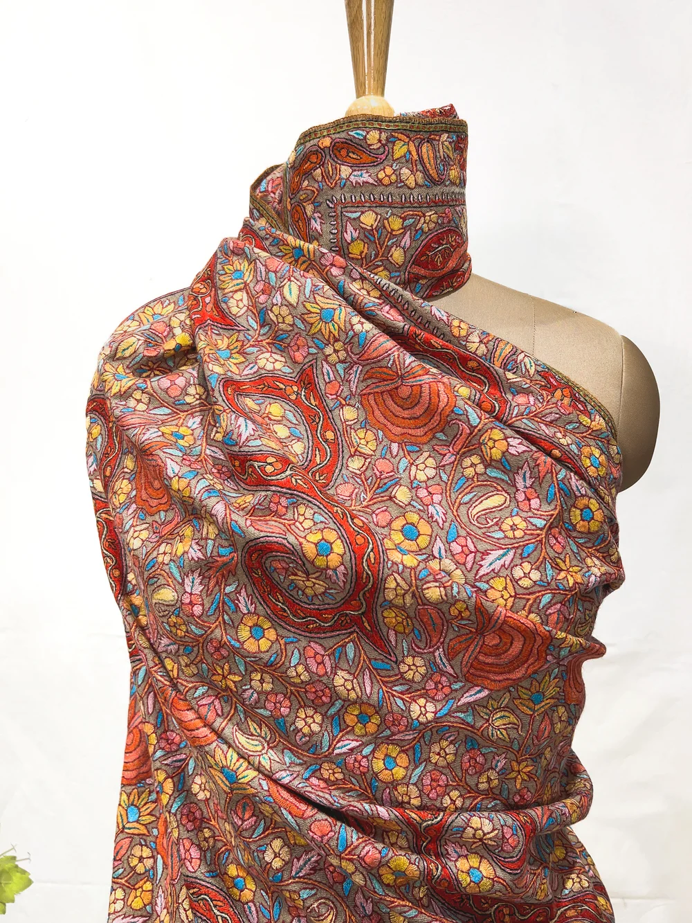 Beige Pure Pashmina Shawl With Floral Papier Mache Embroidery close up
