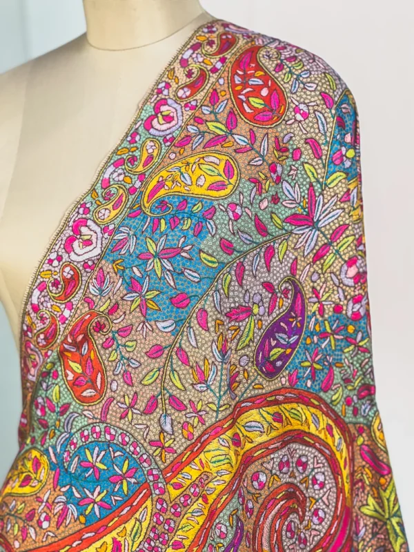 Natural Colour Pure Pashmina Shawl With Pastel Papier Mache Embroidery close up