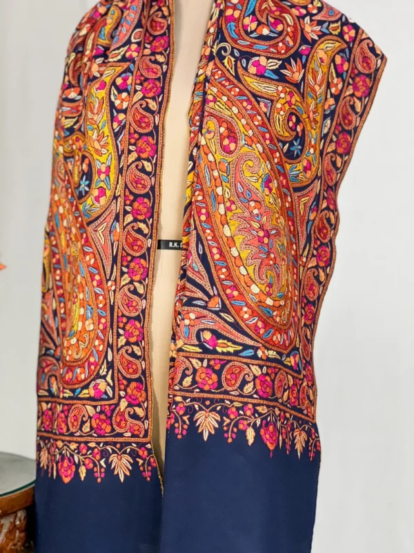 Navy Blue Pure Pashmina Papier Mache Hand Embroidered Shawl close up