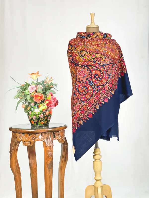 Navy Blue Pure Pashmina Papier Mache Hand Embroidered Shawl