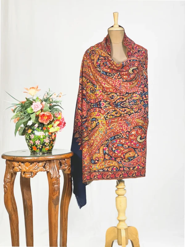 Navy Blue Pure Pashmina Papier Mache Hand Embroidered Shawl