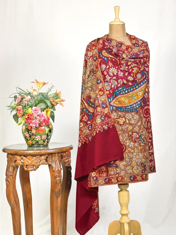 Maroon Pure Pashmina With Papier Mache Hand Embroidered Shawl
