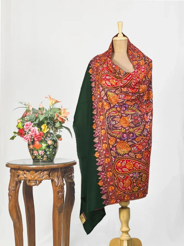 Bottle Green Pure Pashmina With Papier Mache Hand Embroidered Shawl