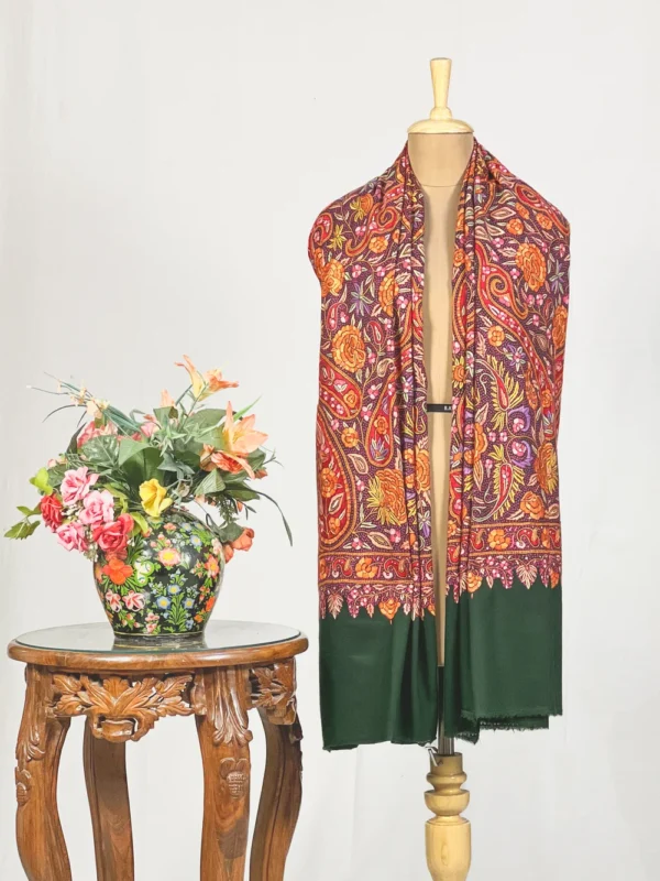 Bottle Green Pure Pashmina With Papier Mache Hand Embroidered Shawl