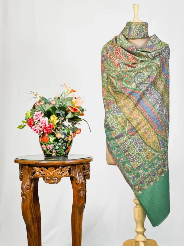 Sage Green Pure Pashmina Shawl With Sozni And Tilla Hand Embroidery