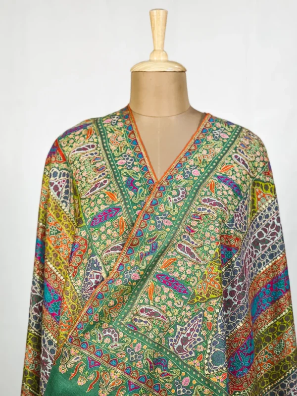 Sage Green Pure Pashmina Shawl With Sozni And Tilla Hand Embroidery