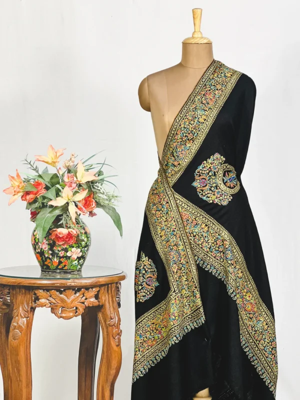 Black Pure Pashmina Shawl With Papier Mache and Tilla Border Design