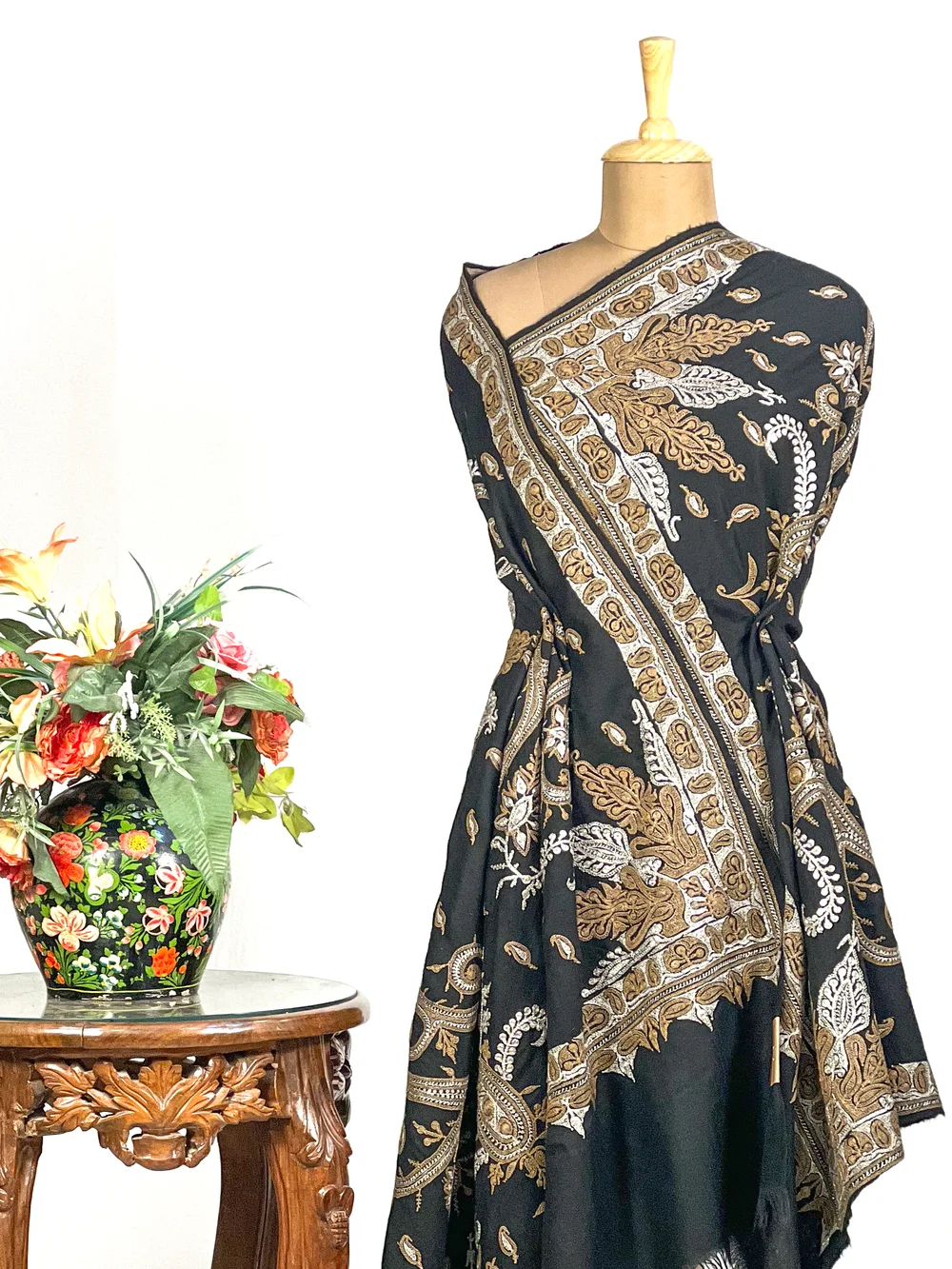 Black Pure Pashmina Sozni Shawl With Tilla Hand Embroidery