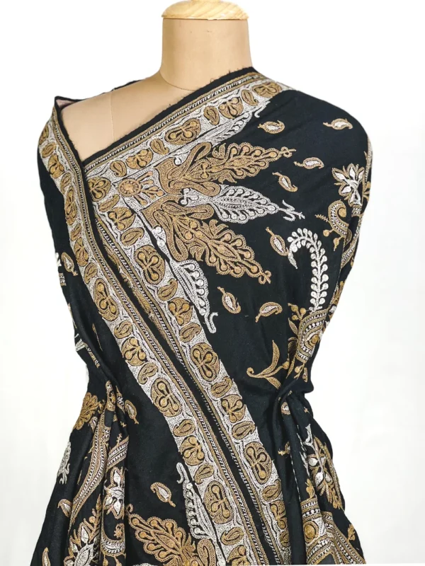 Black Pure Pashmina Sozni Shawl With Tilla Hand Embroidery
